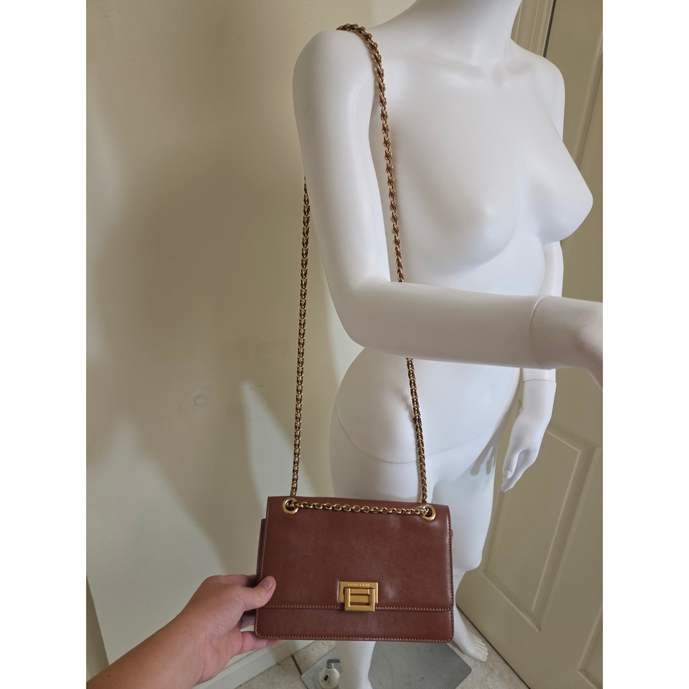 Charles & Keith Brown Crossbody Bag Gold Chain Strap Push Lock Cognac‎ NEW